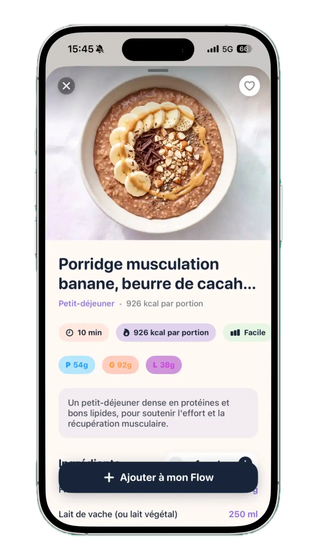 Fiche recette dans l'app Flow Daily : calories par portion, protéines, glucides et lipides