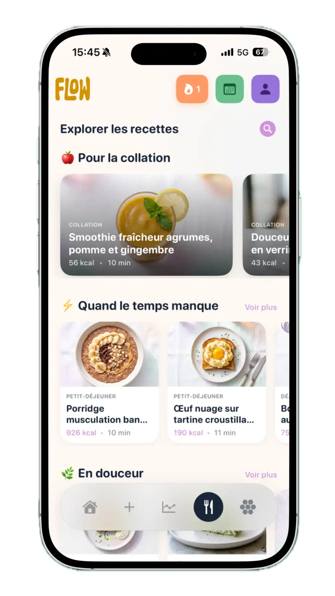 L'onglet Découvrir de l'app Flow Daily, avec ses rubriques de recettes